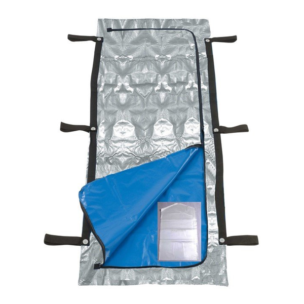 silver body bag with blue liner